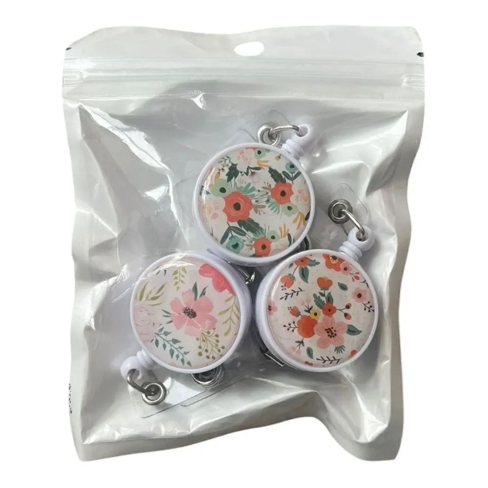 Set of Three Floral Retractable Badge Reel with Clip for ID Card Holders New